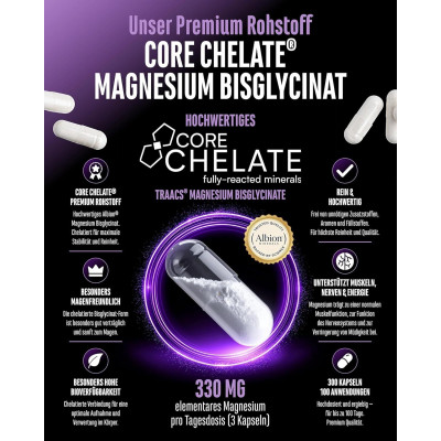 Магнезий бисглицинат Core Chelate® 330 mg – 300 капсули GEN German Elite Nutrition