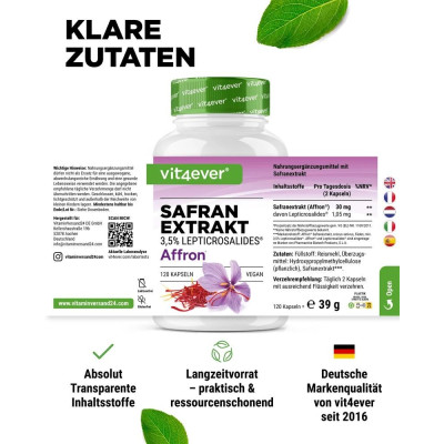 Екстракт от шафран (AFFRON®) - 120 капсули | Vit4ever - Германия