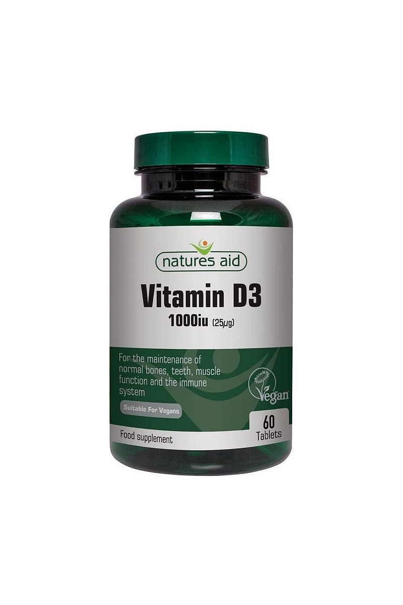 Natures Aid Витамин D3, 1000iu - 60 таблетки за вегани и вегетарианци