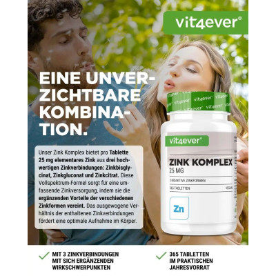 Цинк комплекс (бисглицинат, глюконат, цитрат) 25mg - 365 таблетки | Vit4ever - Германия