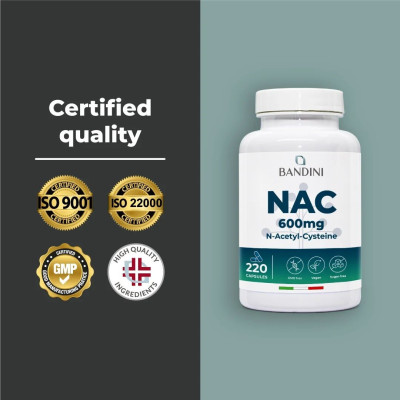 N-ацетил L-цистеин (NAC) 600mg - 220 капсули | Bandini Pharma - Италия
